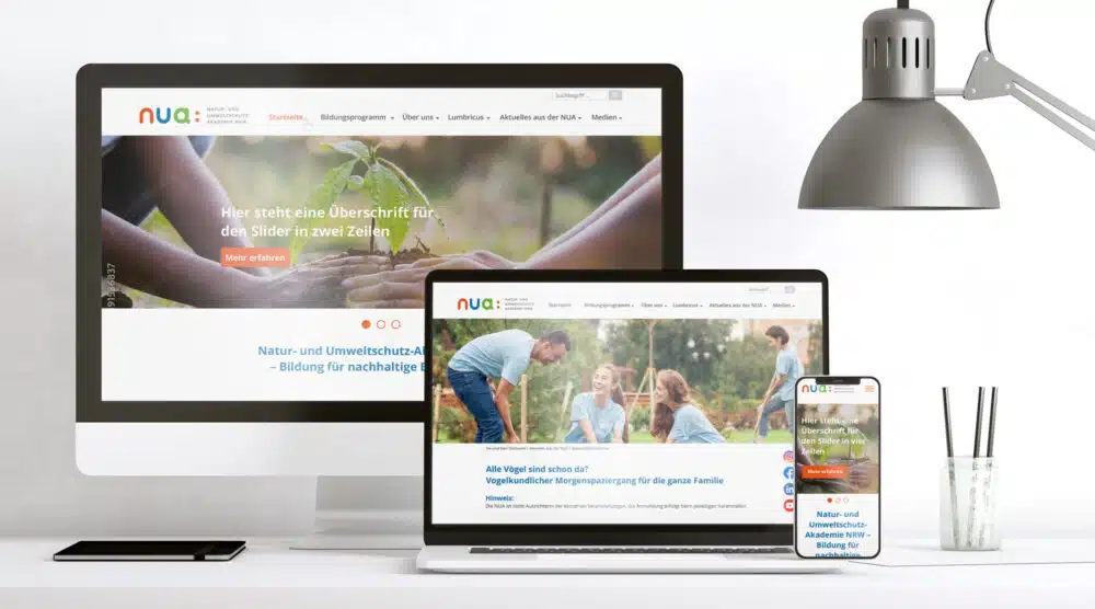 eCouleur realisierte ein individuelles, barrierearmes Webdesign mit organischen Formen und fröhlich-ökologischem Look für die NUA