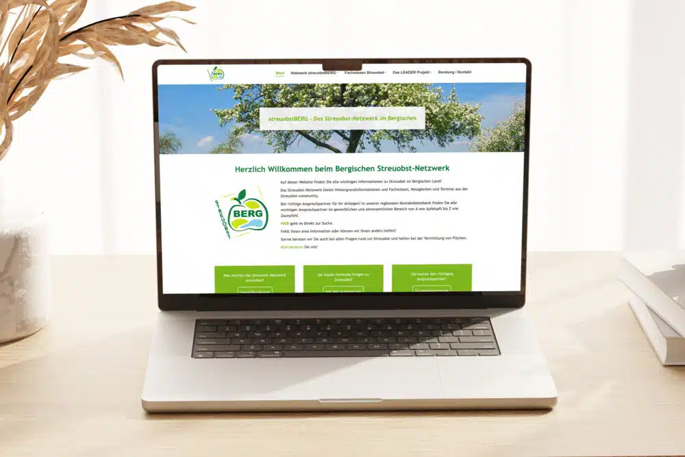 eCouleur gestaltete ein frisches, naturverbundenes Webdesign in WordPress für streuobstberg.de – zur Förderung und Erhaltung der Streuobstwiesen im Bergischen Land.