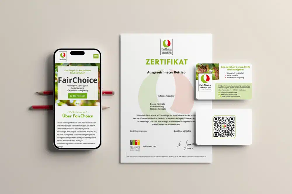 Wir gestalteten für das FairChoice Siegel alle zentralen Printmedien im neuen CD für einen professionellen Markenauftritt.