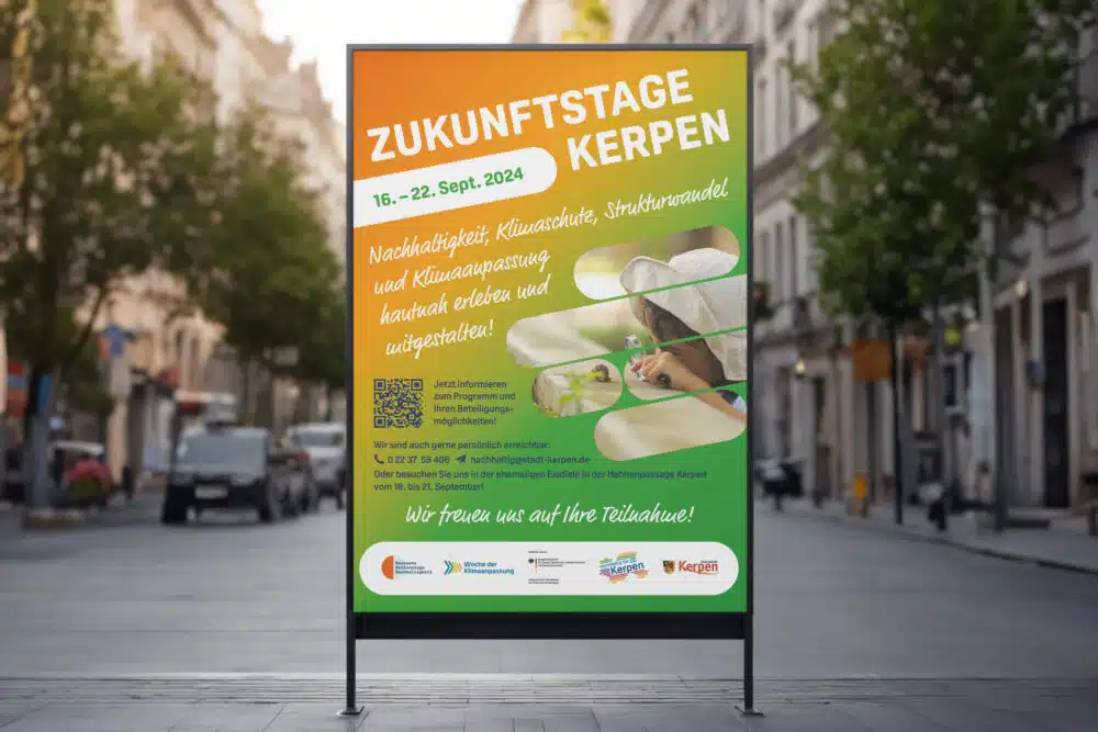 Für die Zukunftstage Kerpen gestaltete eCouleur aufmerksamkeitsstarke Plakate im frischen CD – einladend, modern und klar auf das Thema Nachhaltigkeit ausgerichtet.