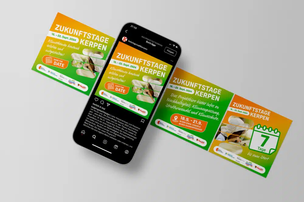 Für die Zukunftstage Kerpen entwickelte eCouleur einprägsame Sharepics für Instagram und Facebook – im markanten CD und optimiert für maximale Reichweite.